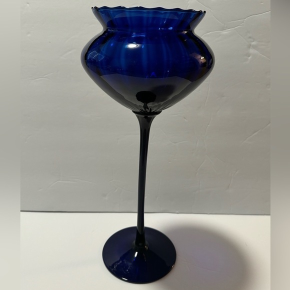 Vintage MCM Cobalt Blue Stretch Tall Pedestal Hand Blown Bowl with Scalloped Rim - Picture 2 of 7
